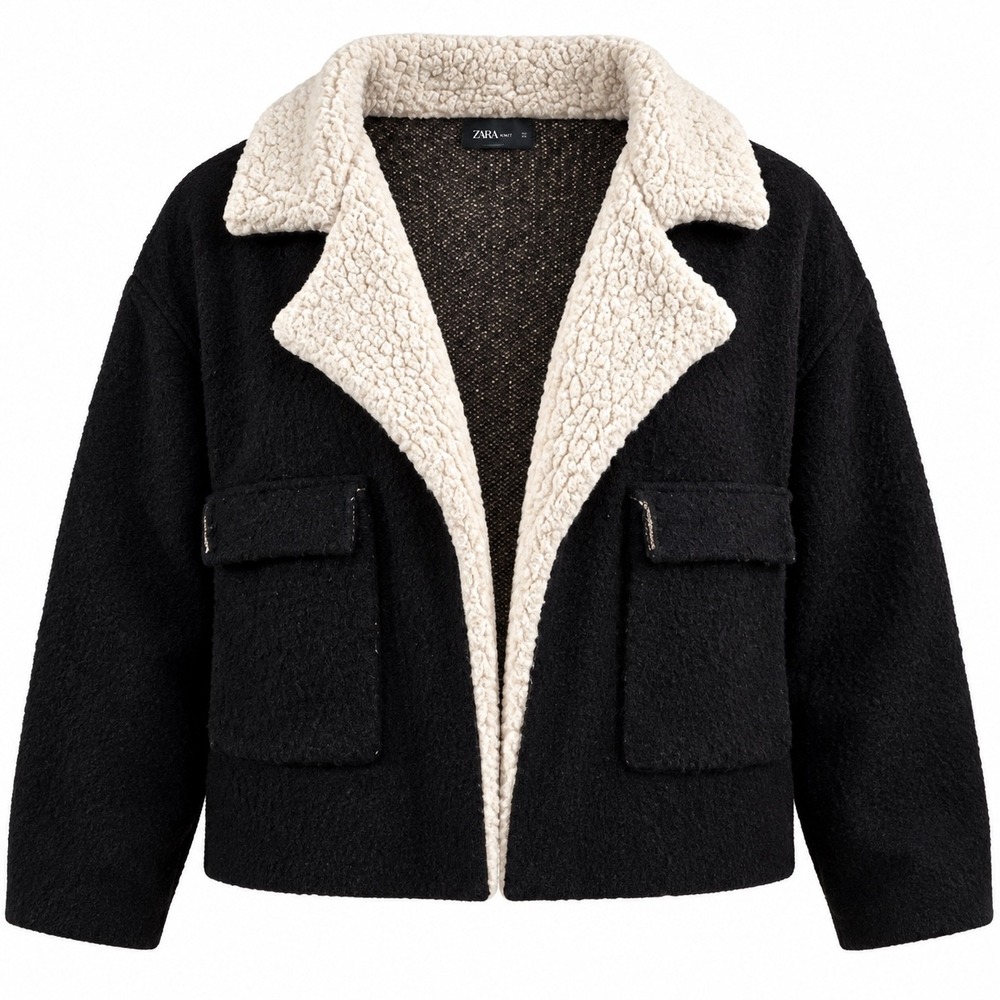 Zara Knit Womens M Black Cream Sherpa Collar Open Front Jacket Cardigan Textured